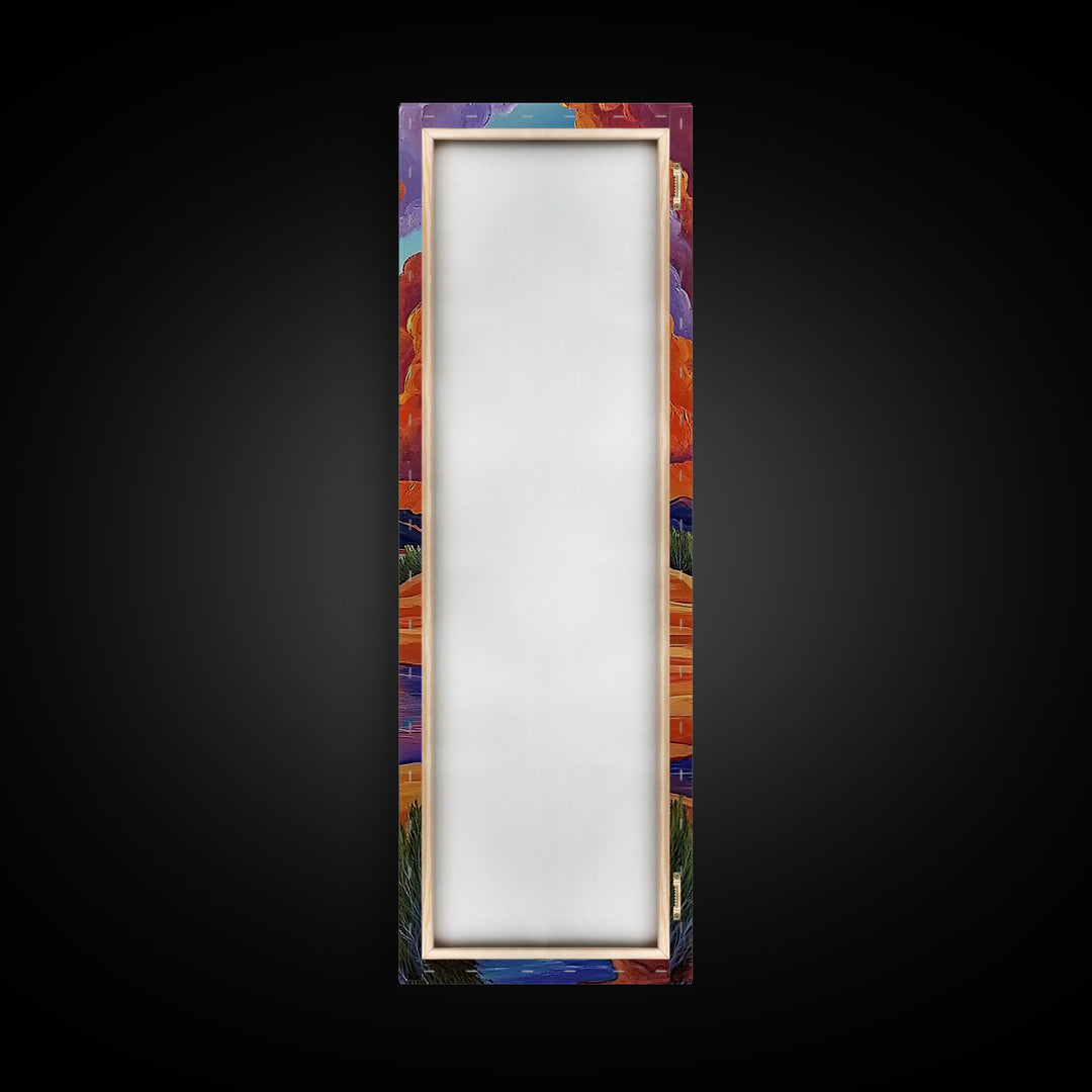 Desert River, Sky Painting, Framed Canvas Print, warm southwestern stream view landscape, bold clouds, boho decor, office wall art