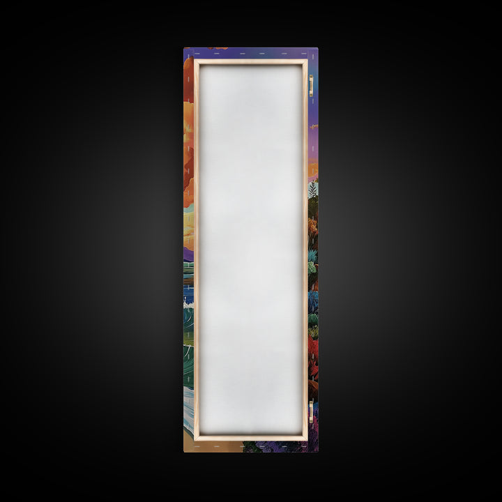 Beach Cliffs, Sunset Painting, Framed Canvas Print coastal cliffside view with crashing waves vibrant beach wall art tropical living room décor