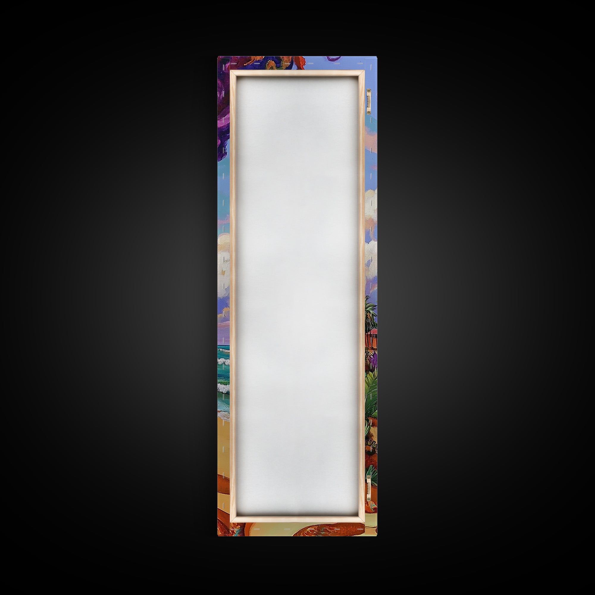 Coastal Smoke Vibes Art, Framed Canvas Print vibrant beach painting with purple and orange smoke, tropical sunset art, boho home decor