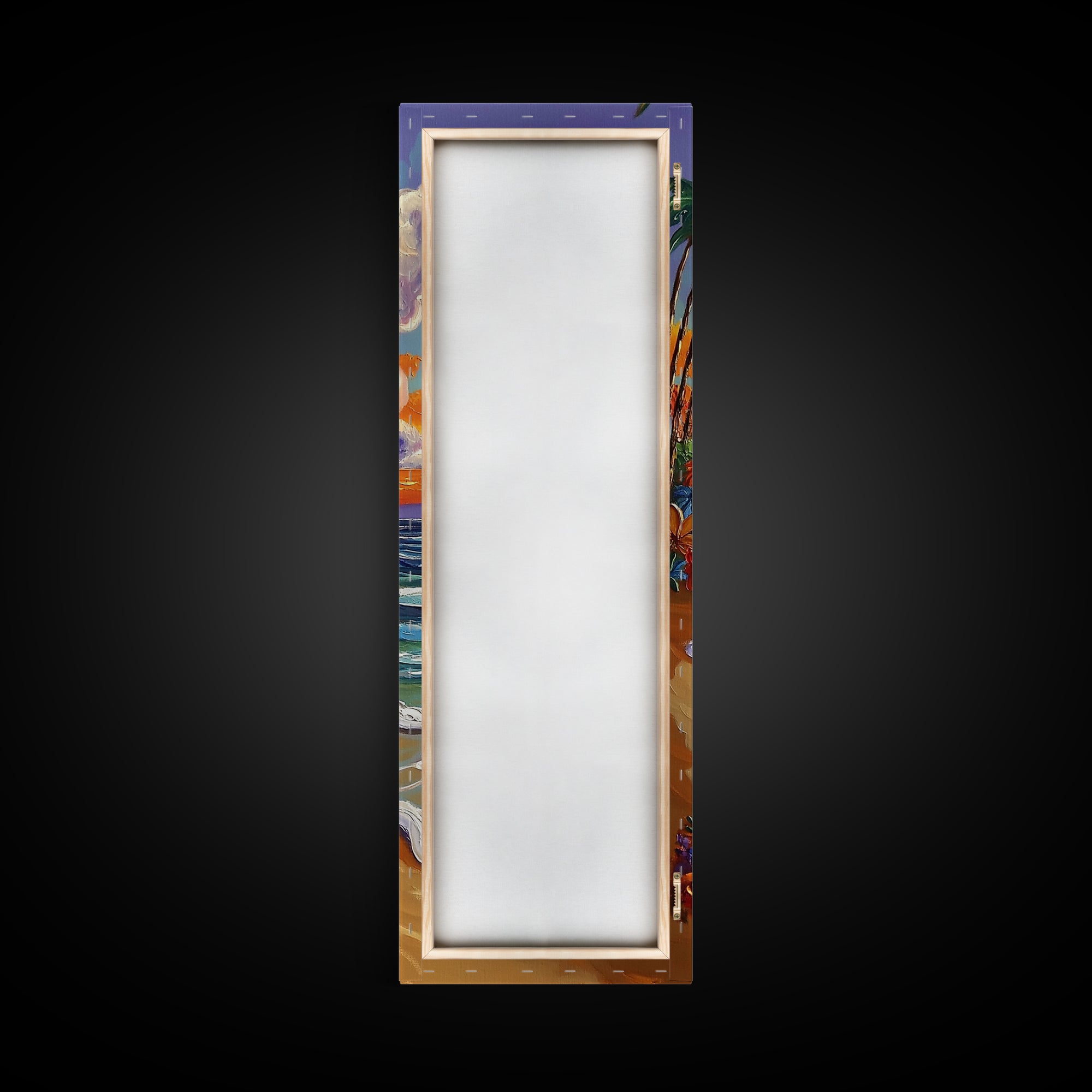 Beach Bonfire, Tropical Sunset, Palm Trees, Framed Canvas Print, coastal beach wall art, summer living room or patio decor, boho ocean vibe