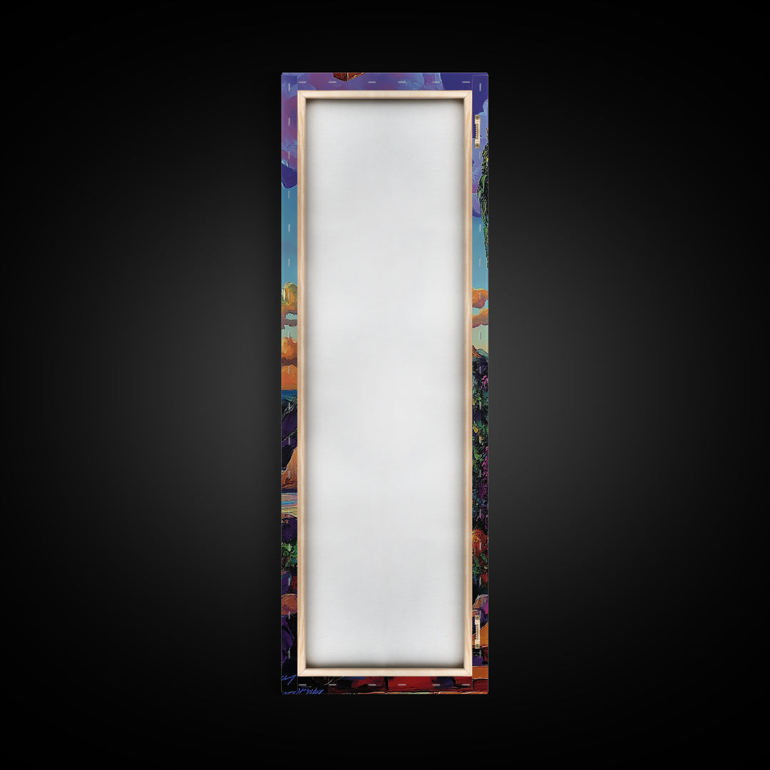 Archway, Sunset, Stone Portal, Dreamscape Framed Canvas Print, Mediterranean Wall Art, Spiritual Decor, Eclectic Entryway Accent, Sunset Painting