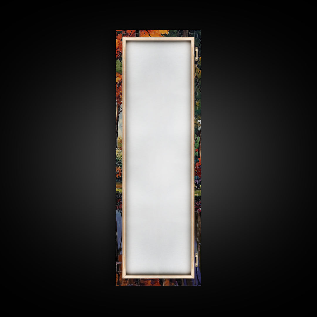 Autumn, Trees, Reflection, Forest - Framed Canvas Print, Fall Foliage Wall Art, Nature Scene Living Room Decor, Warm Seasonal Forest Painting