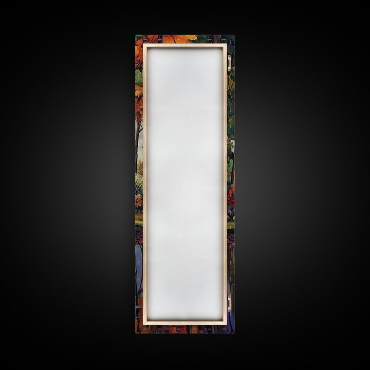 Autumn, Trees, Reflection, Forest - Framed Canvas Print, Fall Foliage Wall Art, Nature Scene Living Room Decor, Warm Seasonal Forest Painting