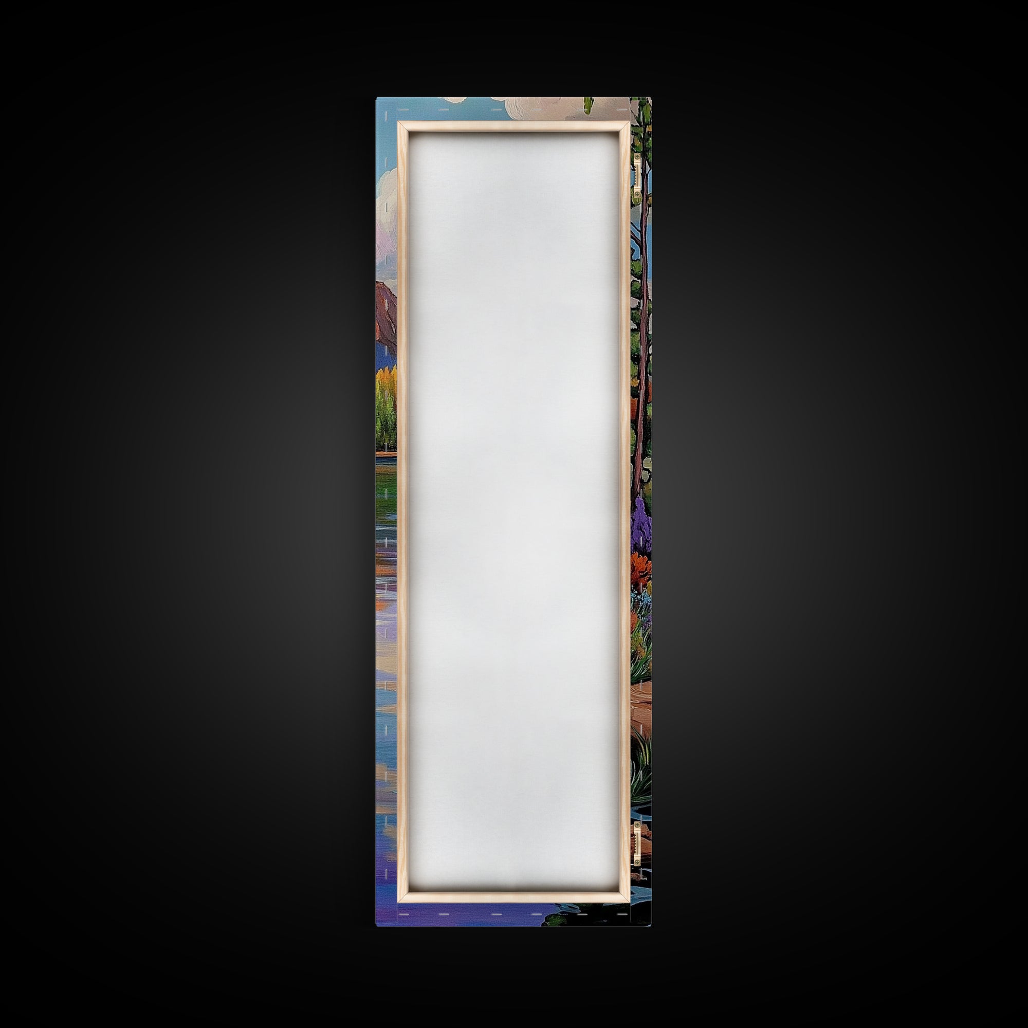 Autumn, Pines, Lake, Serenity, Framed Canvas Print with fall forest reflection, rustic cabin decor, cozy living room art, woodland scene