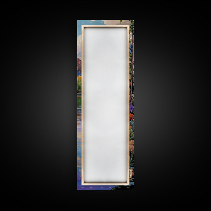 Autumn, Pines, Lake, Serenity, Framed Canvas Print with fall forest reflection, rustic cabin decor, cozy living room art, woodland scene