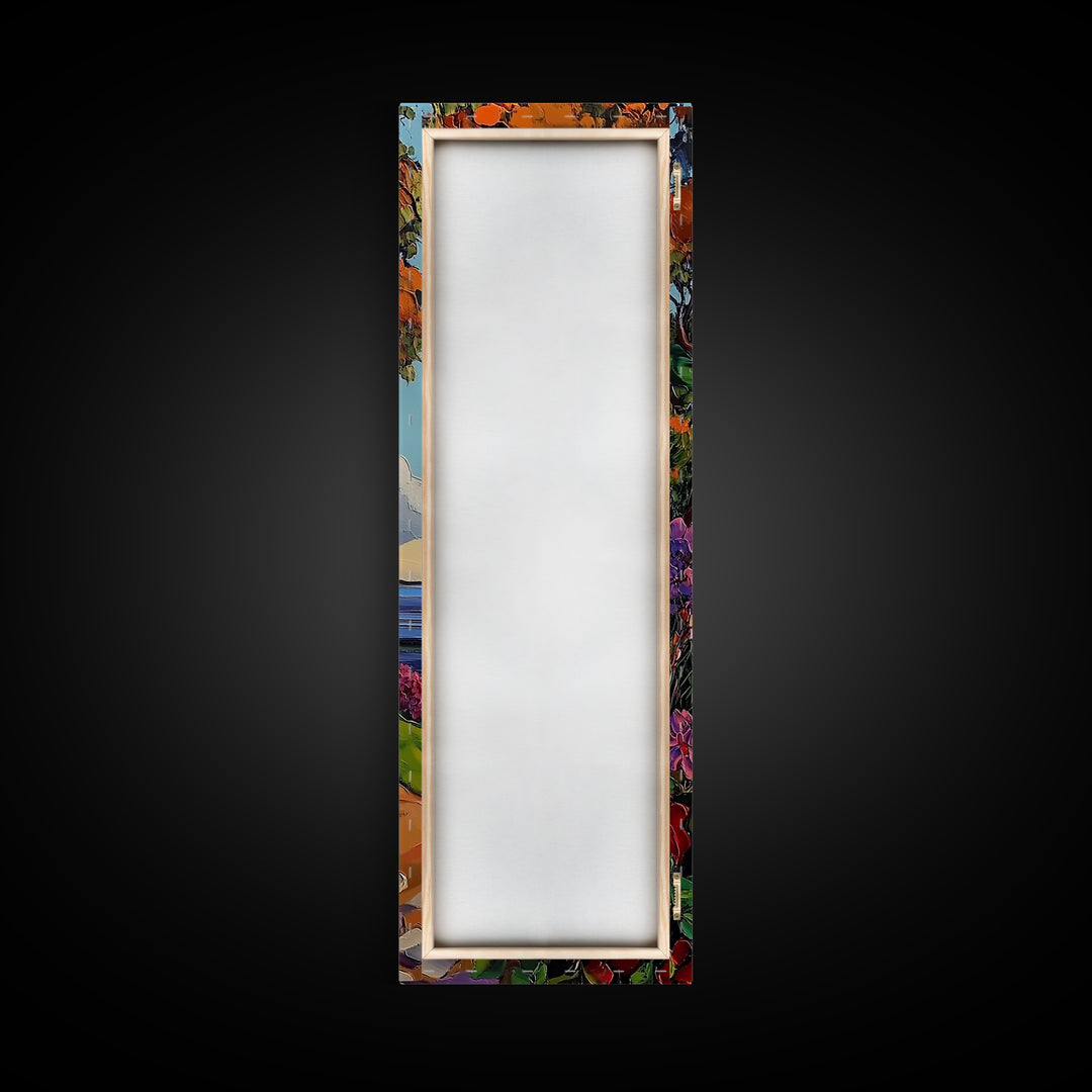 Coastal Bell Tower, Floral Pathway, Mediterranean Seaside Art, Vibrant Garden Style, Fall Home Accent, Framed Canvas Print