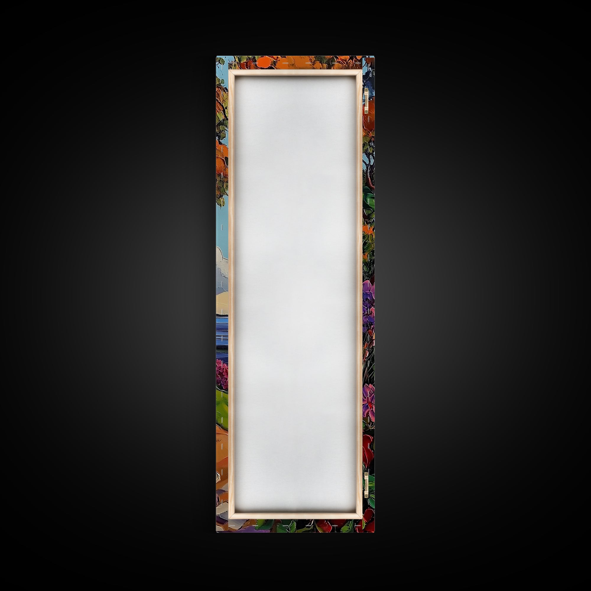 Coastal Bell Tower, Floral Pathway, Mediterranean Seaside Art, Vibrant Garden Style, Fall Home Accent, Framed Canvas Print