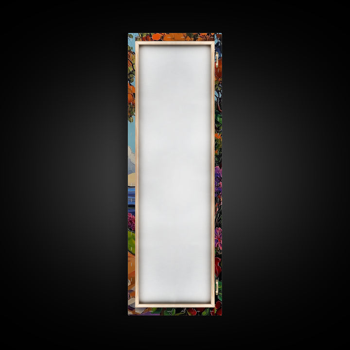 Coastal Bell Tower, Floral Pathway, Mediterranean Seaside Art, Vibrant Garden Style, Fall Home Accent, Framed Canvas Print