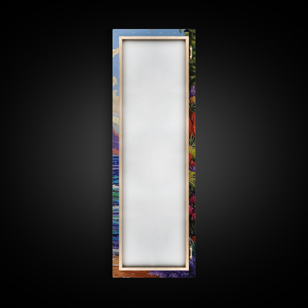 Rocky Shore, Wildflowers, Nature Trail, Framed Canvas Print, autumn coastal wall art, mountain and sea landscape, rustic home decor