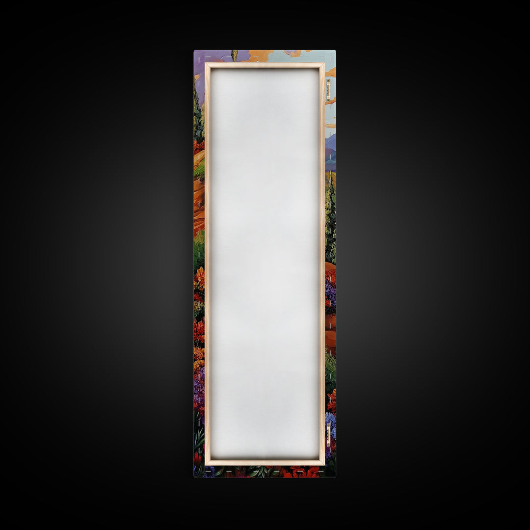 Autumn Waterfall, Flowers, Pathway, Framed Canvas Print, fall waterfall art, floral canyon decor, rustic landscape, living room wall art