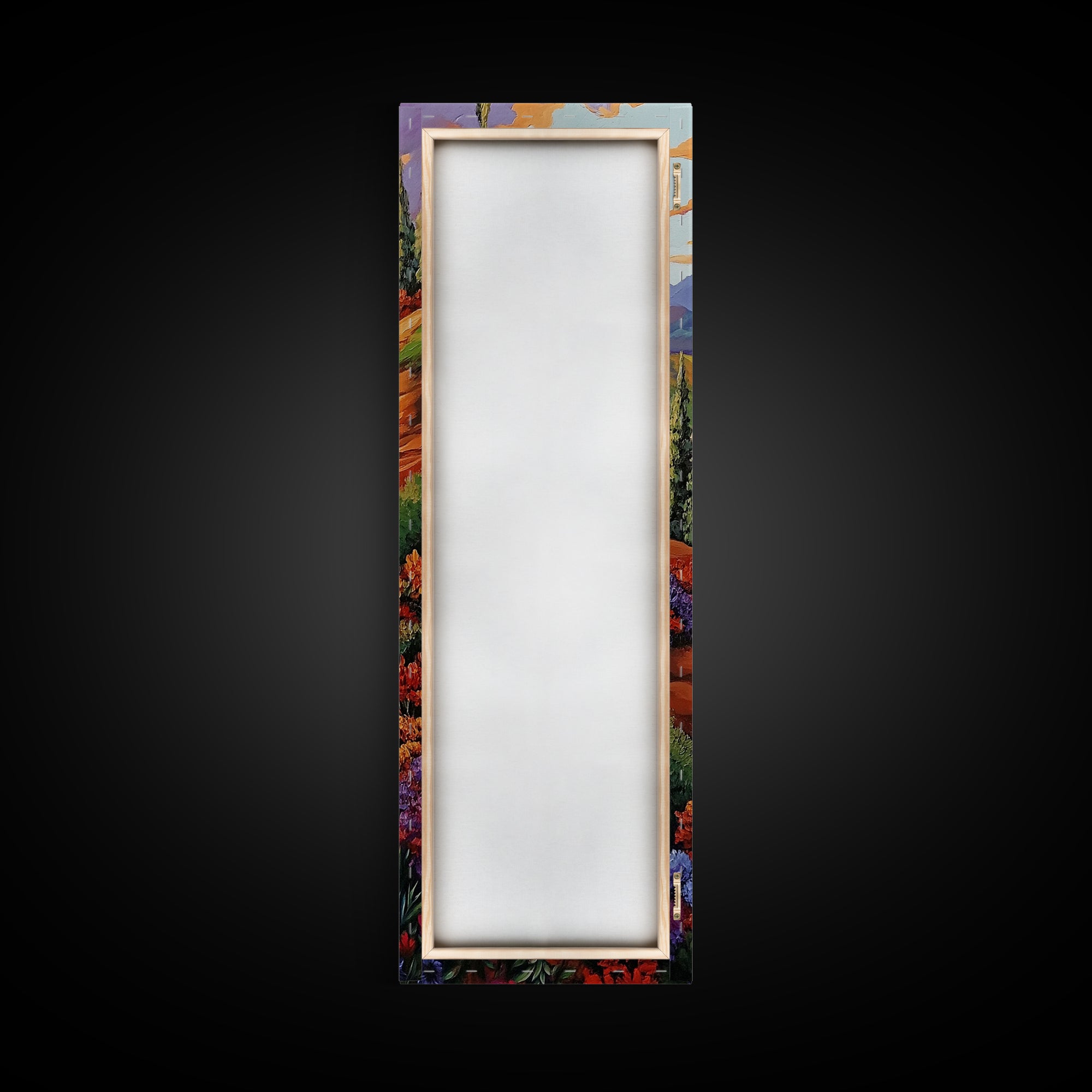 Autumn Waterfall, Flowers, Pathway, Framed Canvas Print, fall waterfall art, floral canyon decor, rustic landscape, living room wall art