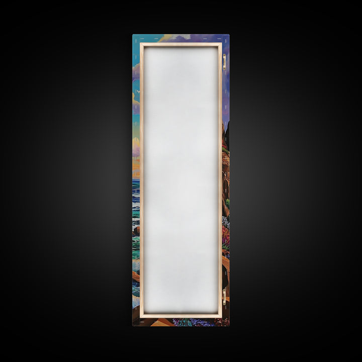 Coastal Cliffs, Ocean, Sunset, Framed Canvas Print, Bold coastal cliffs wall art, dramatic seascape beach decor, contemporary ocean painting