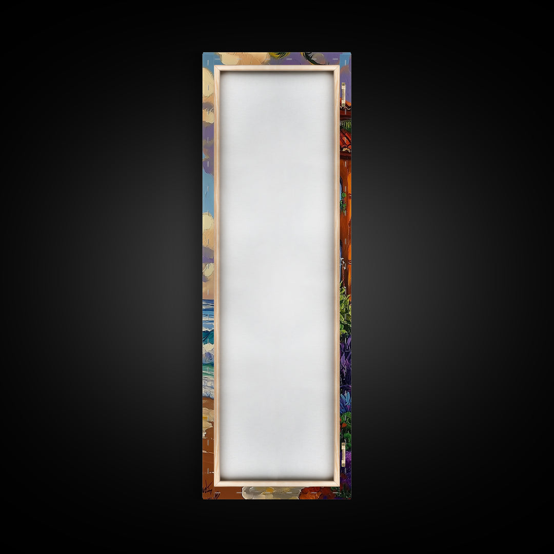 Coastal Villa, Surf, Tropics Canvas Print Mediterranean villa by the sea art, surfboard and tropical plants, boho beach decor, hallway print