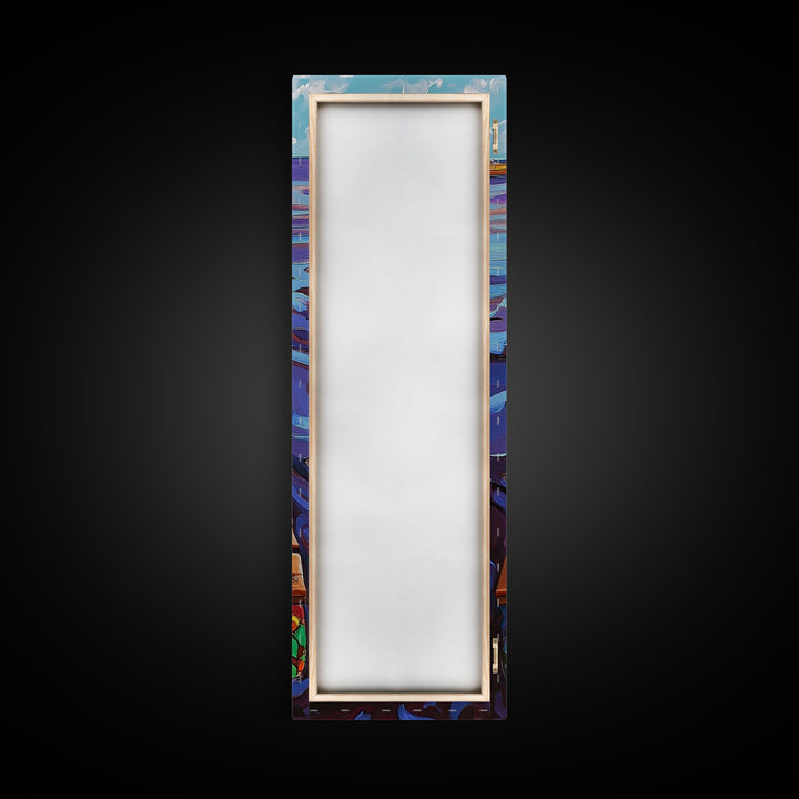 Dock Ocean, Pier, Framed Canvas Print, Seaside Wall Art, Nautical Coastal Decor, Whimsical Ocean Painting, Beach House Style