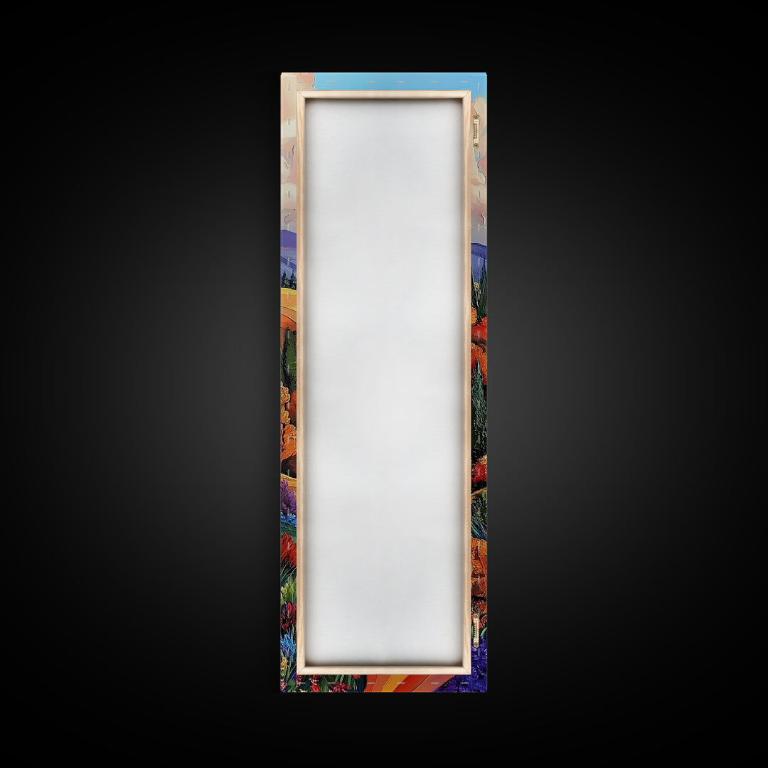 Autumn Pathway, Fields Vibrant — Framed Canvas Print, fall landscape painting, rustic farmhouse decor, countryside path wall art, living room