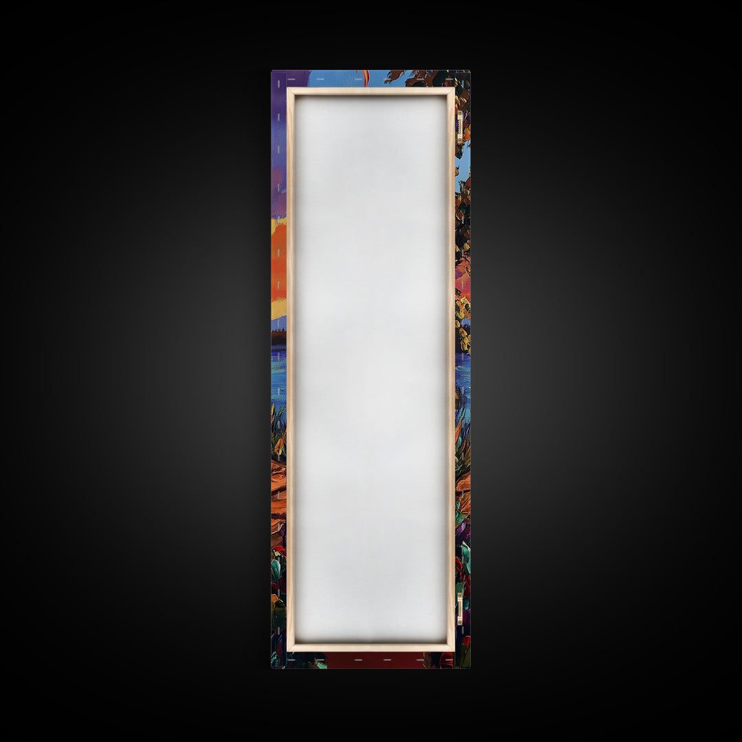 Campfire Flames, Sunset Lake – Rustic Firepit Wall Art, Cozy Cabin Vibes, Autumn Nature Scene, Framed Canvas Print, Lodge Decor