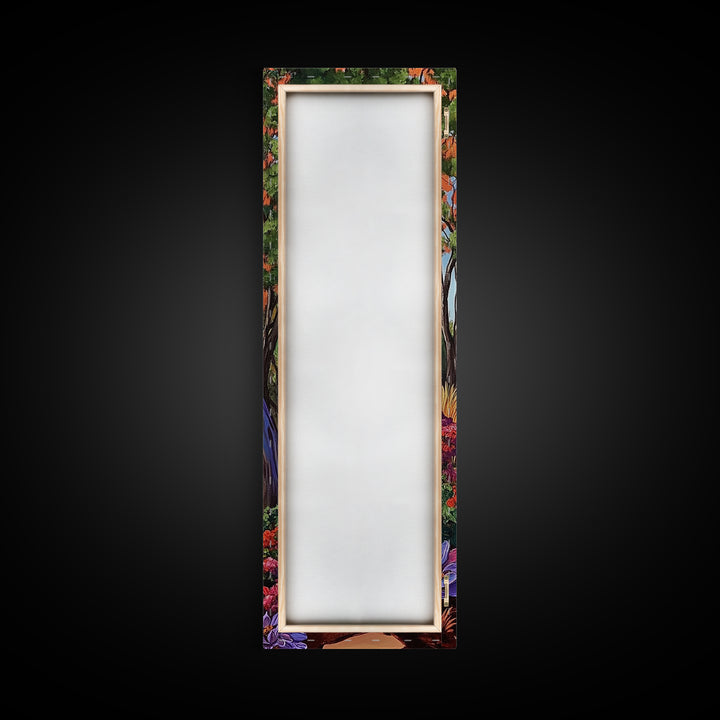 Autumn Pathway, Forest, Nature — Framed Canvas Print of scenic forest path with fall trees, cozy rustic living room wall decor, woodland art