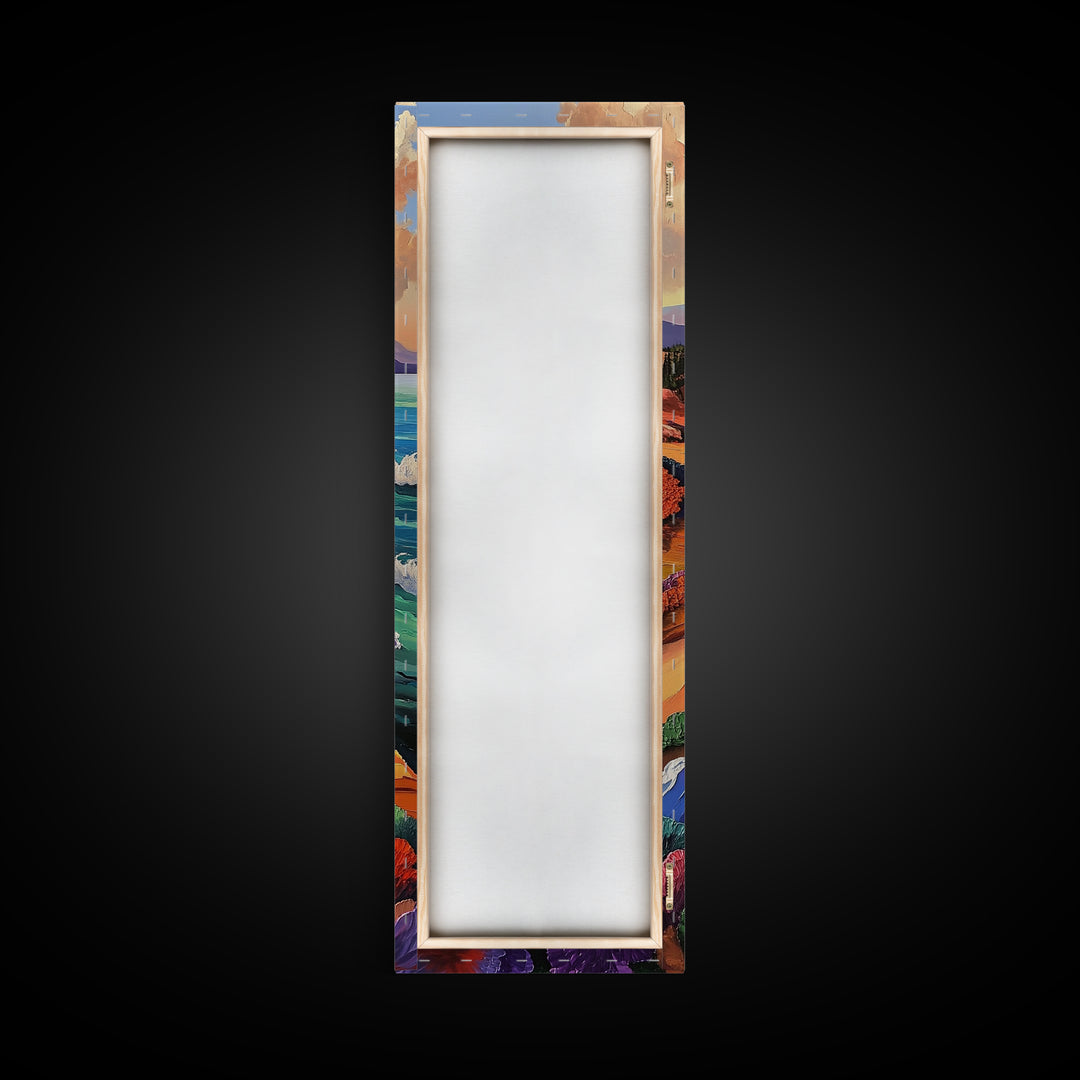 Coastal Waves, Flowers Landscape, Framed Canvas Print, Coastal wall art, beach landscape decor, boho style, bathroom or hallway art