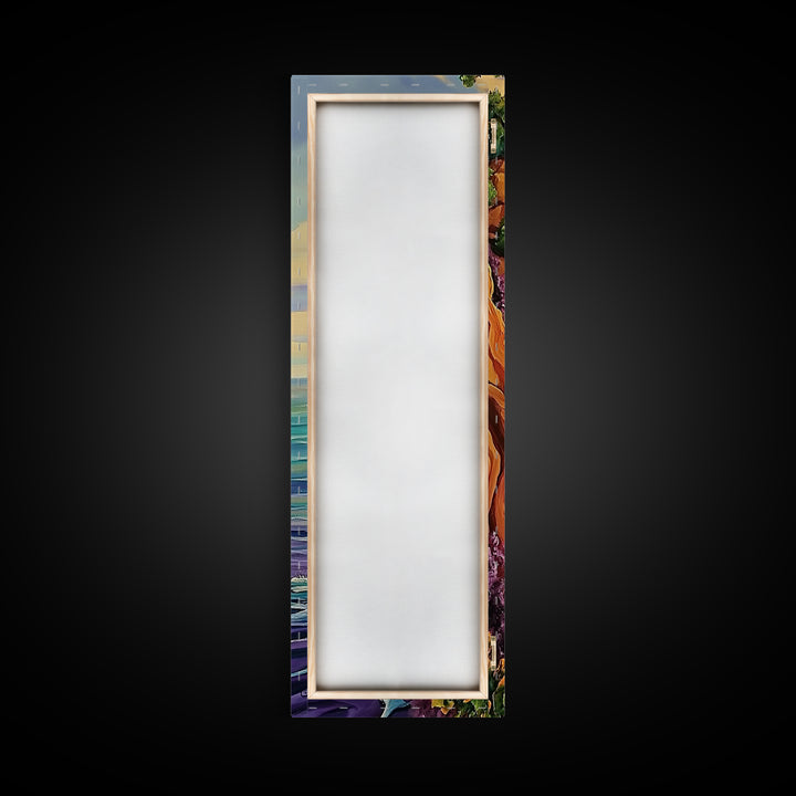 Coastal Cliffside, Waterfall, Pines - Framed Canvas Print, vibrant coastal landscape art, boho nature painting, hallway or office wall art