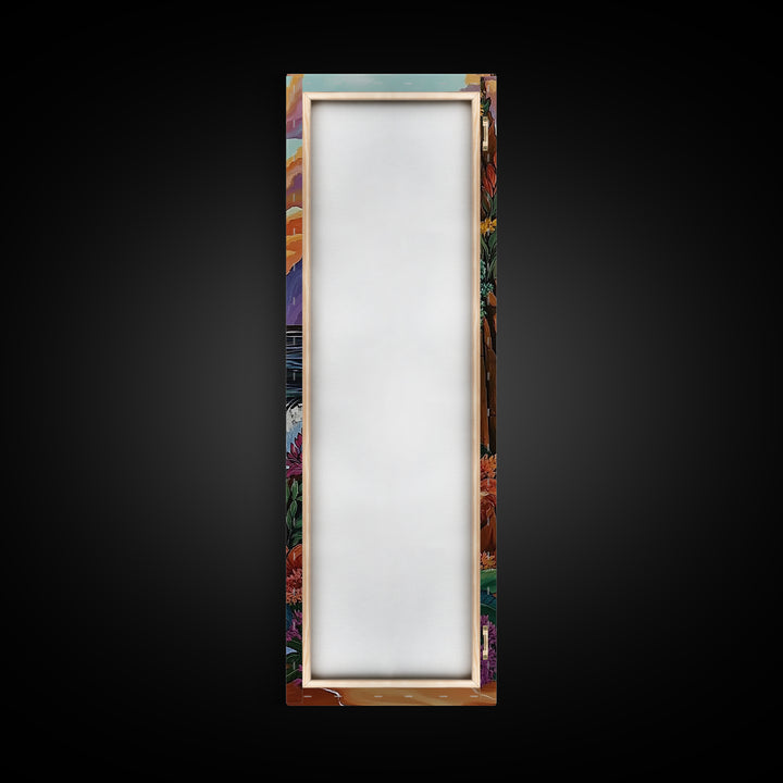 Coastal Sunset Waves Garden, Framed Canvas Print, Ocean beach sunset painting, floral wall decor, coastal fall home art, bohemian vibe