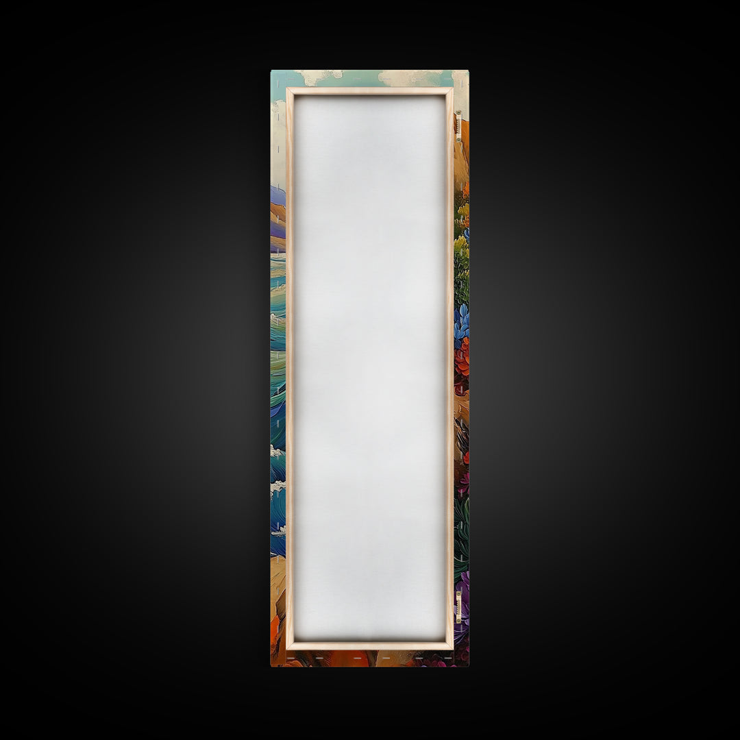 Autumn Cliff, Blossoms Ocean, Framed Canvas Print, fall coastal landscape art, mountainside floral decor, nature living room wall print