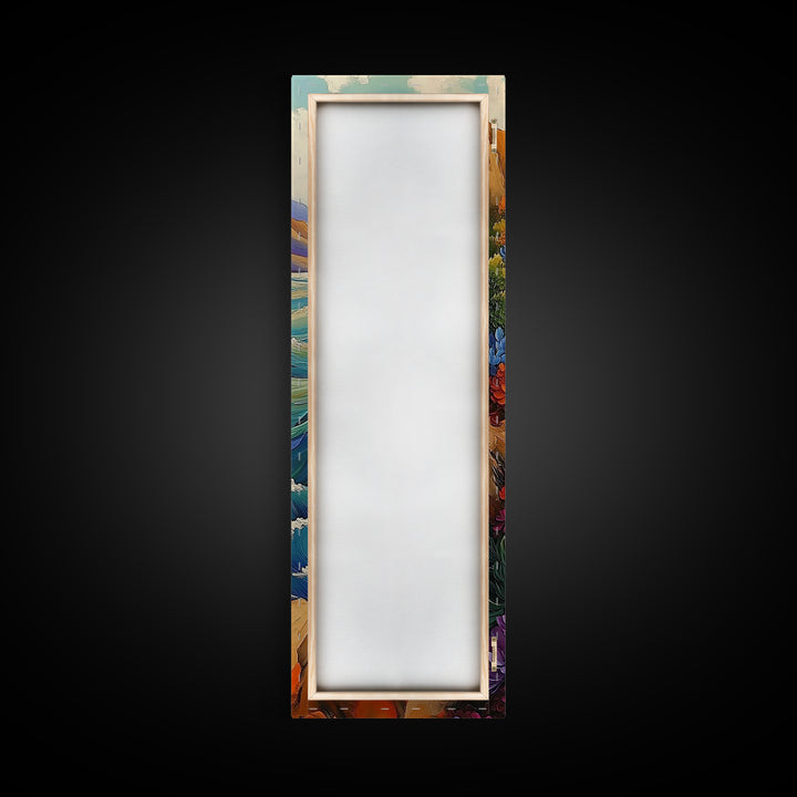 Autumn Cliff, Blossoms Ocean, Framed Canvas Print, fall coastal landscape art, mountainside floral decor, nature living room wall print