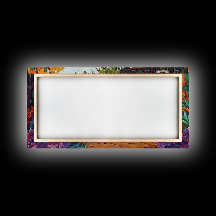 Autumn Pathway, Forest, Flowers, Framed Canvas Print fall landscape painting, nature wall art, rustic cabin decor, living room art