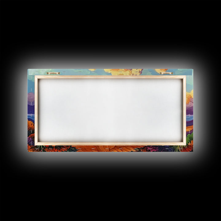 Autumn Trail, Clouds, Flowers, Canvas Print, fall mountain trail painting, landscape wall art, rustic cabin decor, hallway artwork