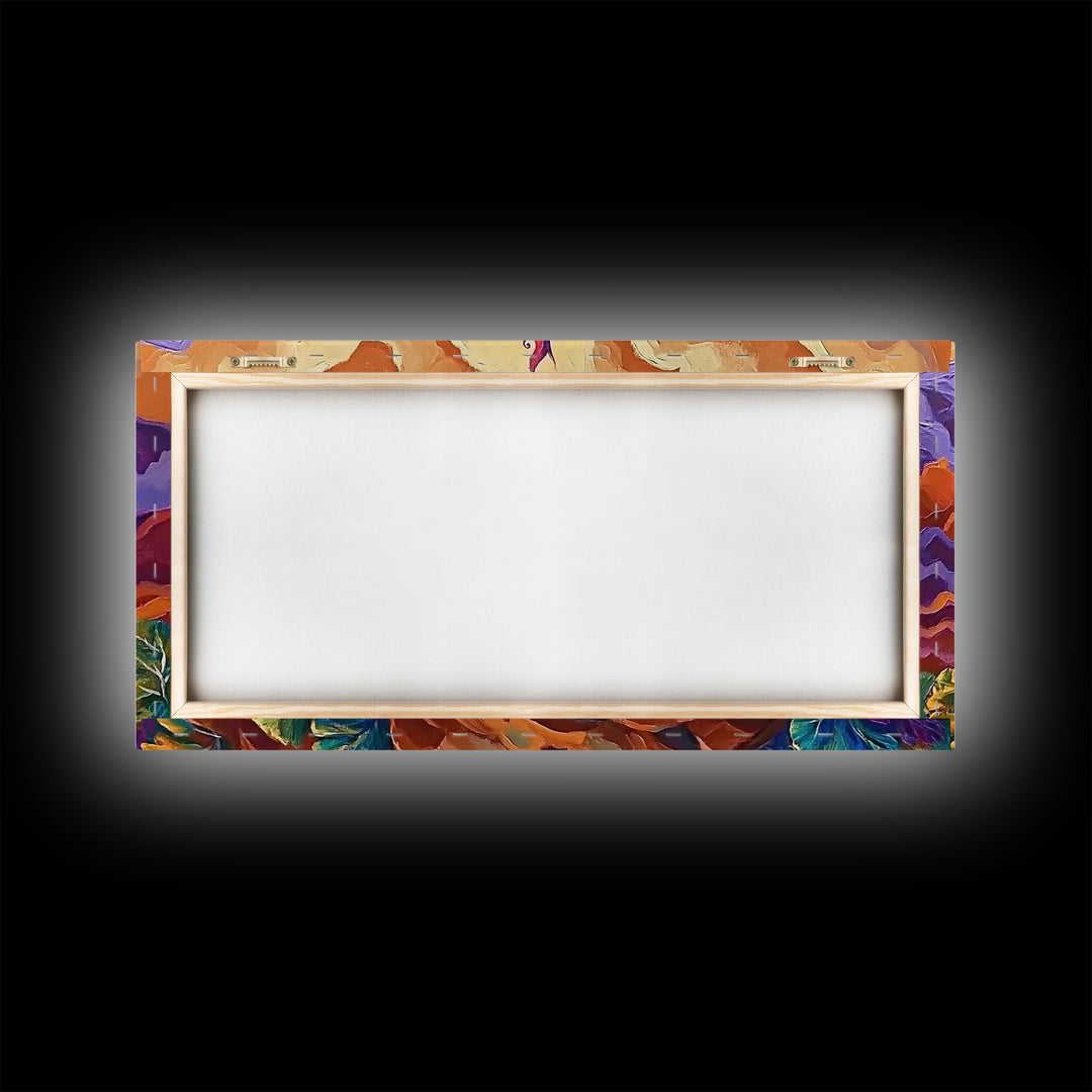 Campfire, Mountains, Glow, Vibrant campfire scene with colorful mountains and plants, Framed Canvas Print, rustic cabin wall art