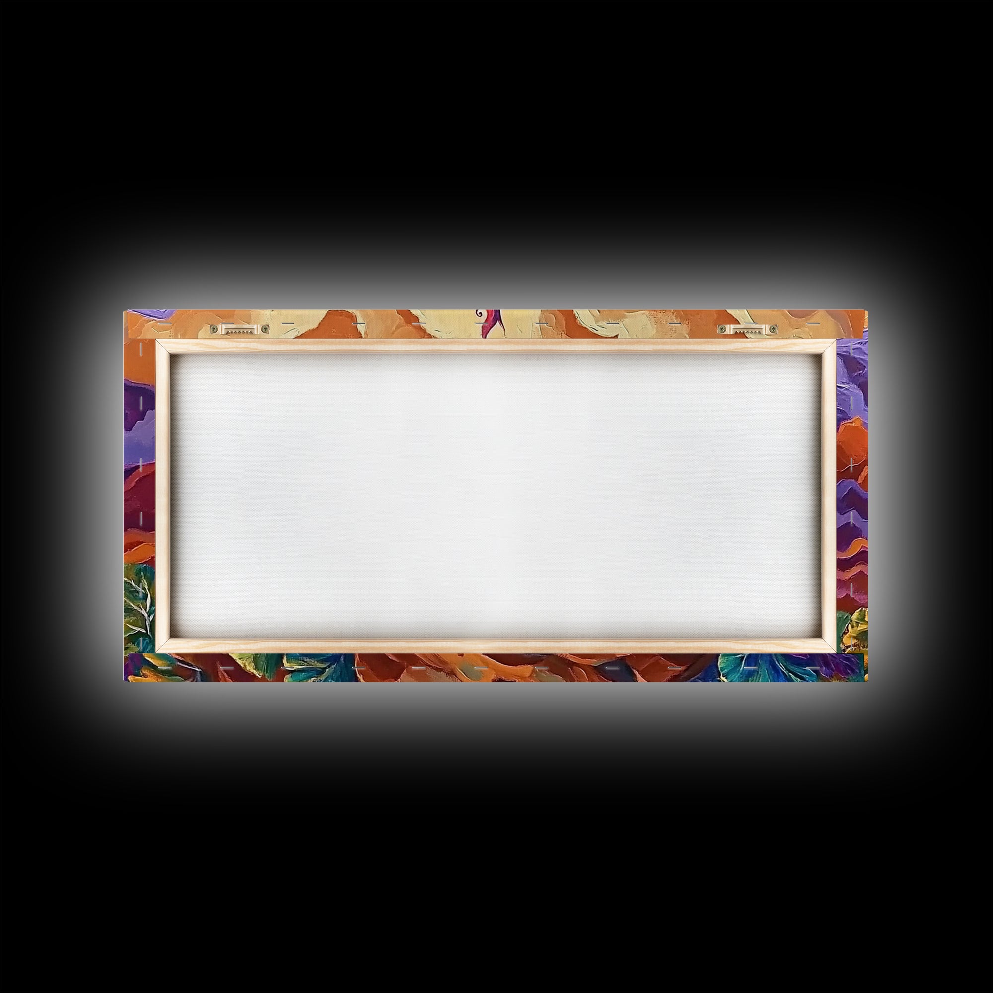 Campfire, Mountains, Glow, Vibrant campfire scene with colorful mountains and plants, Framed Canvas Print, rustic cabin wall art