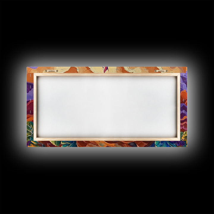 Campfire, Mountains, Glow, Vibrant campfire scene with colorful mountains and plants, Framed Canvas Print, rustic cabin wall art