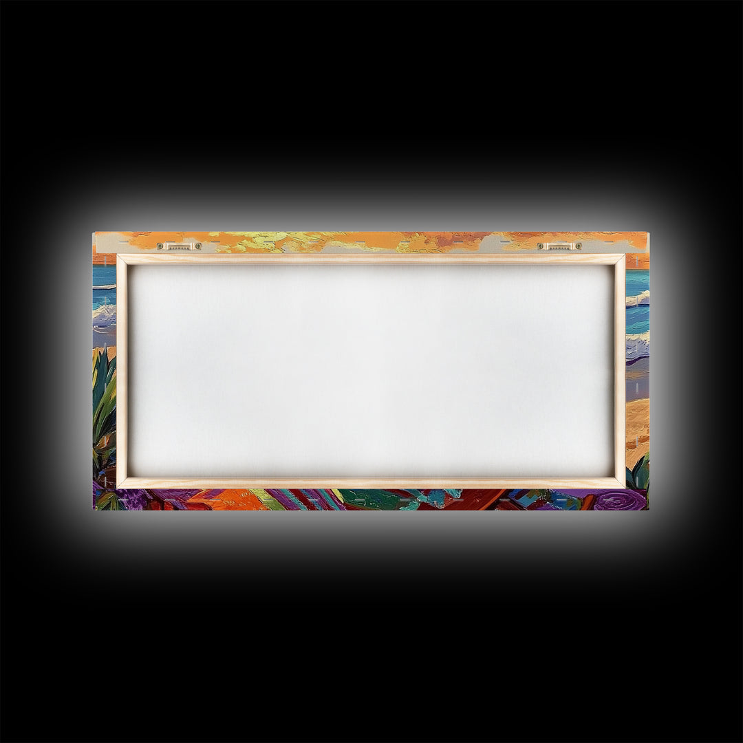 Chair Ocean, Sunset, Framed Canvas Print, Tranquil Beach Chair Painting, Relaxing Seaside Wall Decor, Zen Office Artwork