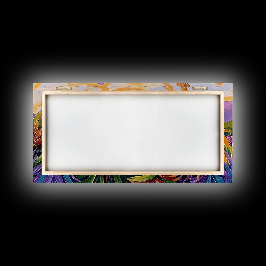 Botanical Sunset, Mountain, Framed Canvas Print, Vibrant Flower Field Painting, Nature Boho Wall Art, Sunset Hallway Decor