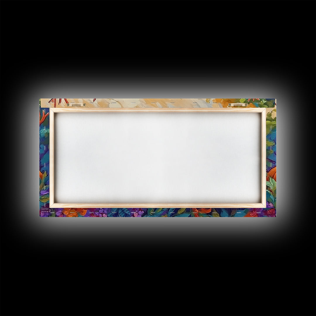 Deer Autumn, Forest, Scene, Framed Canvas Print wildlife cabin wall decor, vibrant Fall nature art, lodge living room print