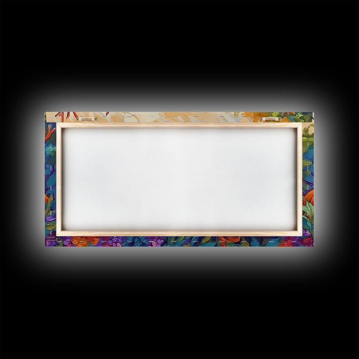 Deer Autumn, Forest, Scene, Framed Canvas Print wildlife cabin wall decor, vibrant Fall nature art, lodge living room print