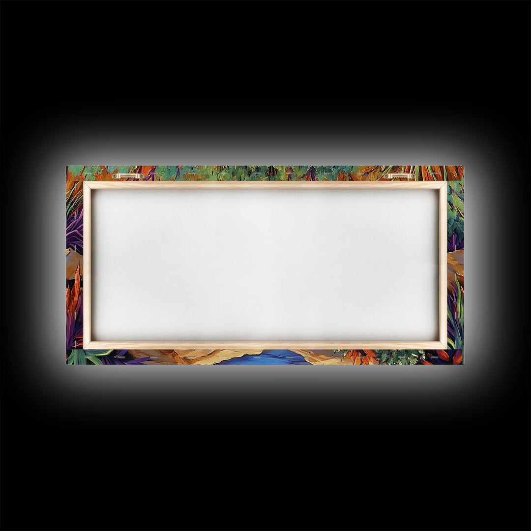 Desert Waterfall, Vibrant, Nature, Framed Canvas Print, desert oasis waterfall, Living Room Wall Art, colorful landscape painting