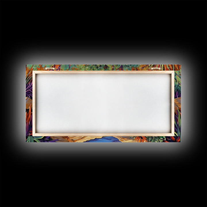 Desert Waterfall, Vibrant, Nature, Framed Canvas Print, desert oasis waterfall, Living Room Wall Art, colorful landscape painting