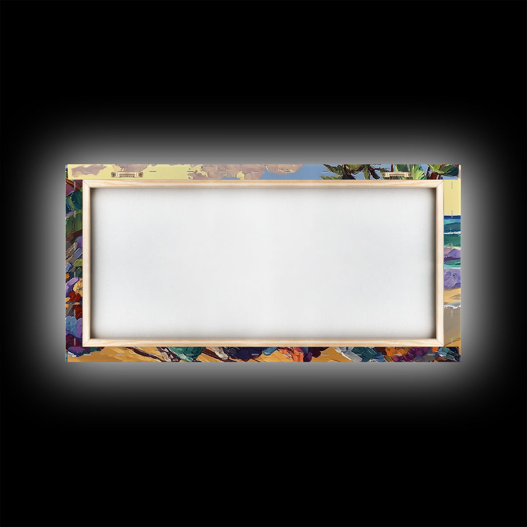 Coastal Cart, Tropical Beach, Ocean Shoreline, Framed Canvas Print, Rustic Wall Art, Coastal Living Room Decor, Summer Vibes Painting