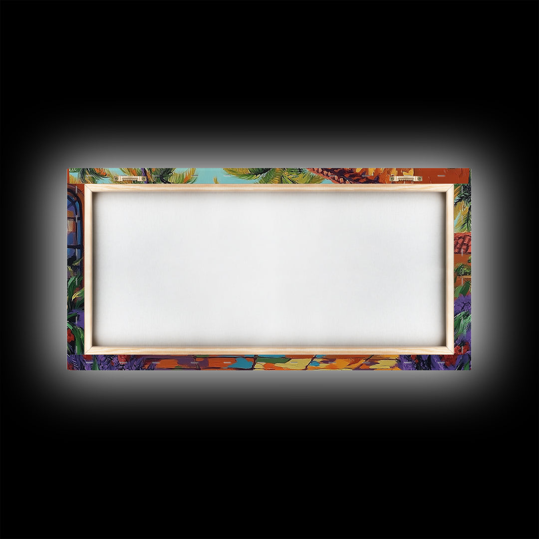 Coastal Patio, Palm View, Sunset, Canvas Print, Mexican beach terrace painting great Entryway Wall Art or Mediterranean Home Decor