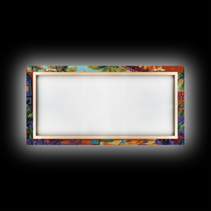 Coastal Patio, Palm View, Sunset, Canvas Print, Mexican beach terrace painting great Entryway Wall Art or Mediterranean Home Decor