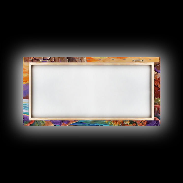 Desert Sunset, Cliffs, Nature, Framed Canvas Print, rocky cliffs and sea, Boho Living Room Wall Art, colorful sunset art, coastal vibes