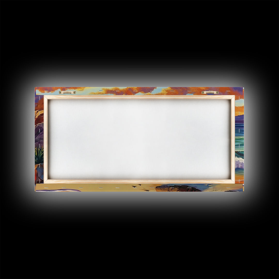 Coastal Sunset, Waves, Shore, Framed Canvas Print, ocean beach decor, seascape living room wall art, tropical boho coastal style