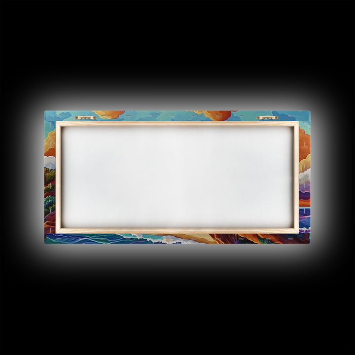 Clouds Ocean, Sunset, Dreamy, Framed Canvas Print, whimsical seascape, vibrant wave art, living room decor, beach wall art