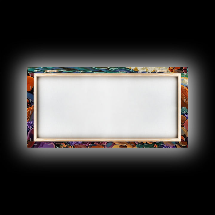 Coastal Shoreline, Footprints, Framed Canvas Print, Coastal beach waves and footprints art with colorful rocks, Bathroom Wall Art