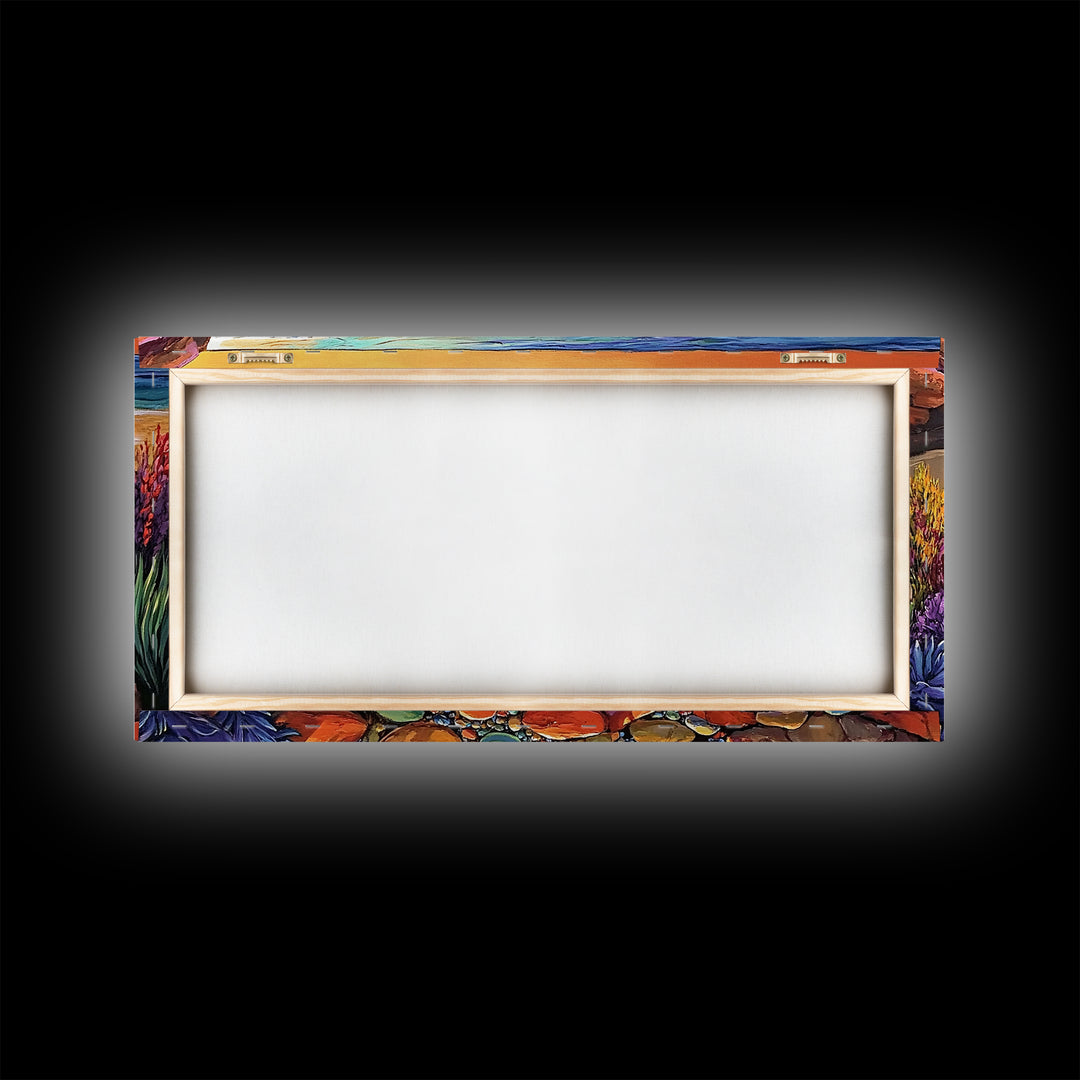 Beach Path, Ocean, Sunset, Canvas Print, Colorful beach path with stones and ocean waves, vibrant coastal Living Room Wall Art