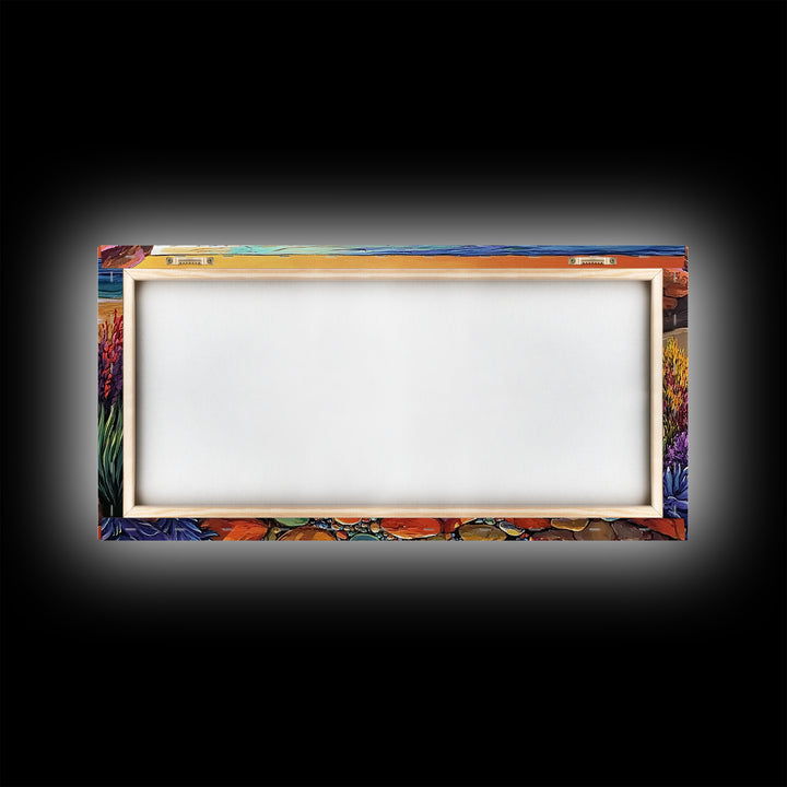 Beach Path, Ocean, Sunset, Canvas Print, Colorful beach path with stones and ocean waves, vibrant coastal Living Room Wall Art