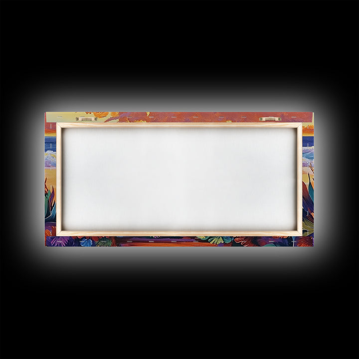 Beach Boardwalk, Sunset, View, Framed Canvas Print, boardwalk to beach, Coastal Entryway Art, sunset seascape painting, ocean cottage