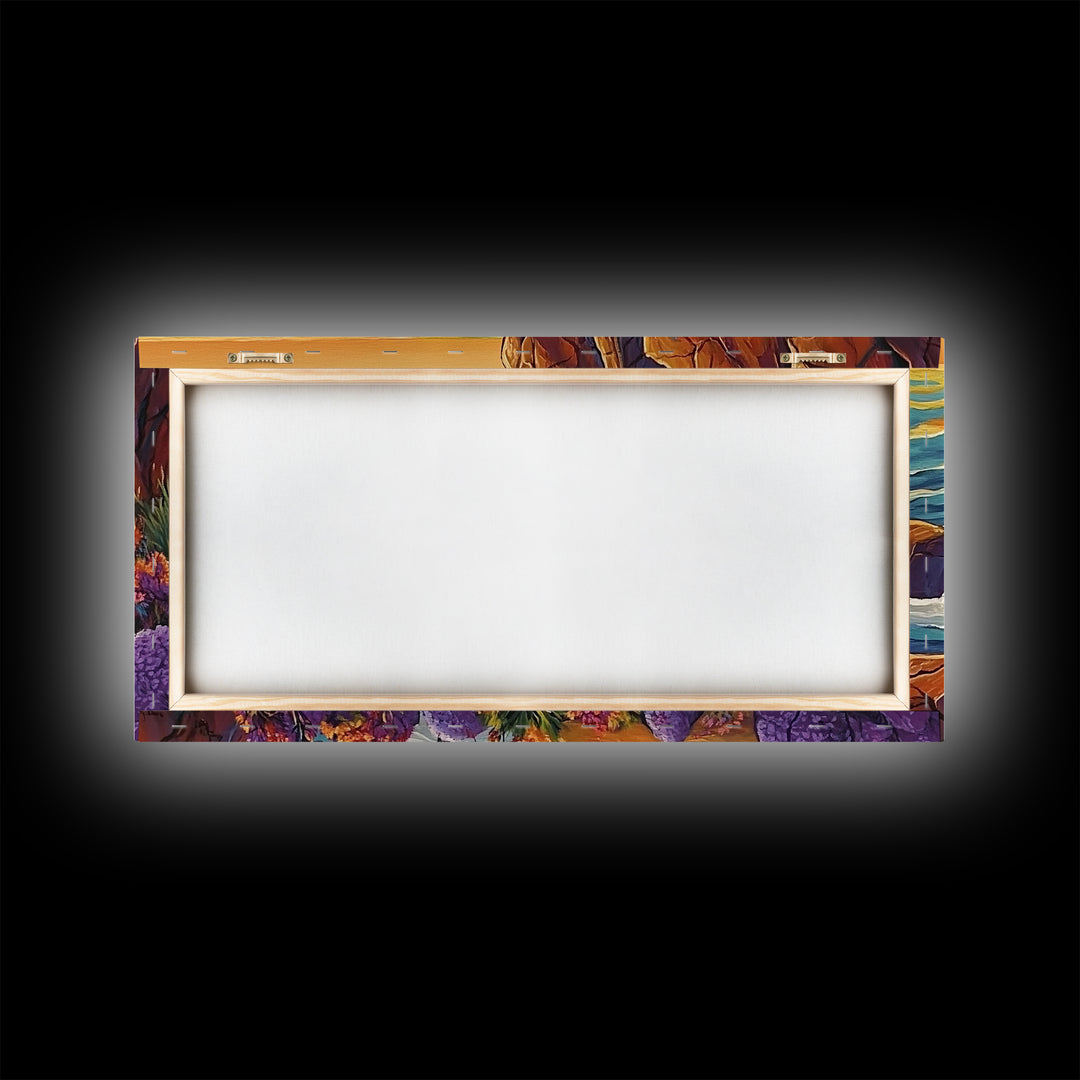 Cliffside Waterfall, Ocean Swirls, Sunset Tide, Framed Canvas Print, Nature Landscape Wall Art, Bold Boho Living Room Decor