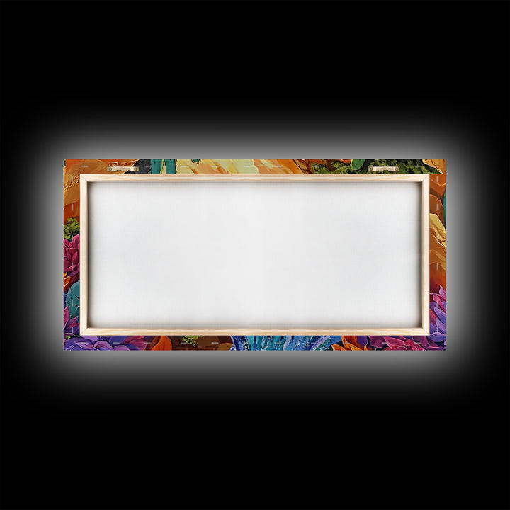 Cactus Canyon, Flowers, Waterfall, Framed Canvas Print Bright desert wall art, boho botanical painting, vibrant hallway home decor