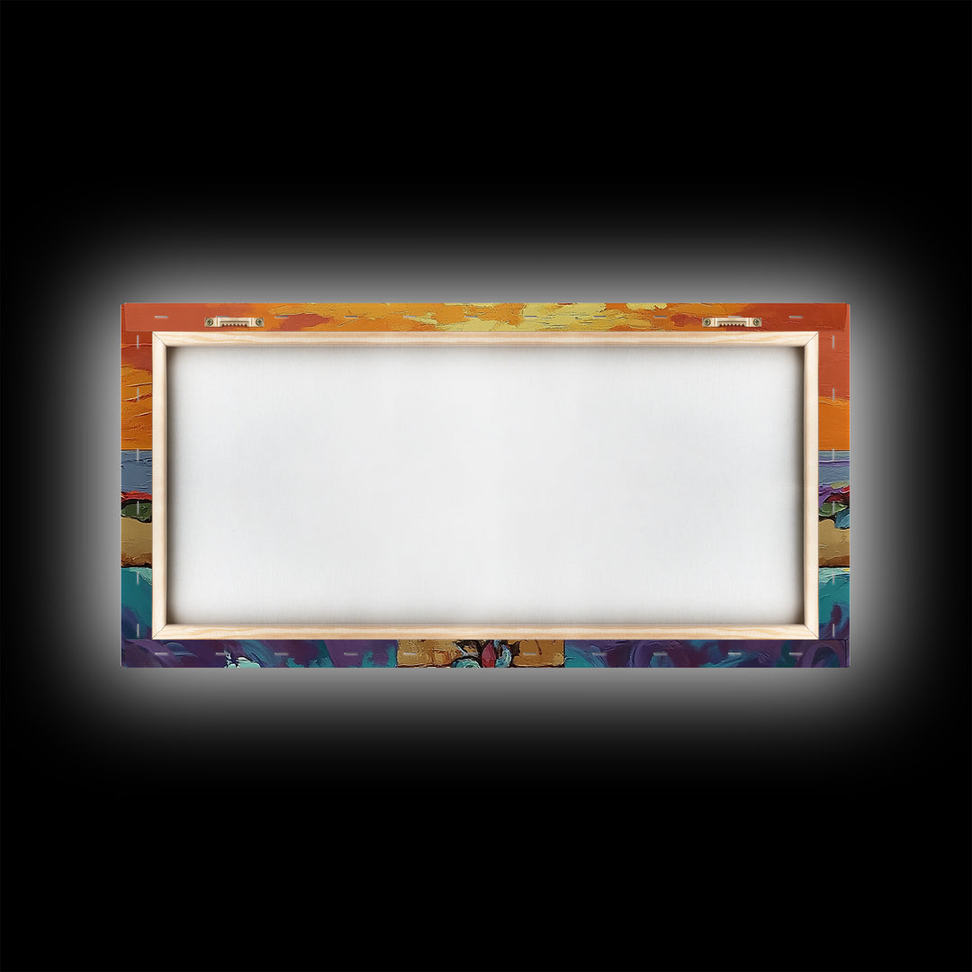 Cross Sunset, Flowers, Spiritual, Coastal Cross Sunset Framed Canvas Print, Christian Wall Art, Floral Beach Decor, Living Room Art